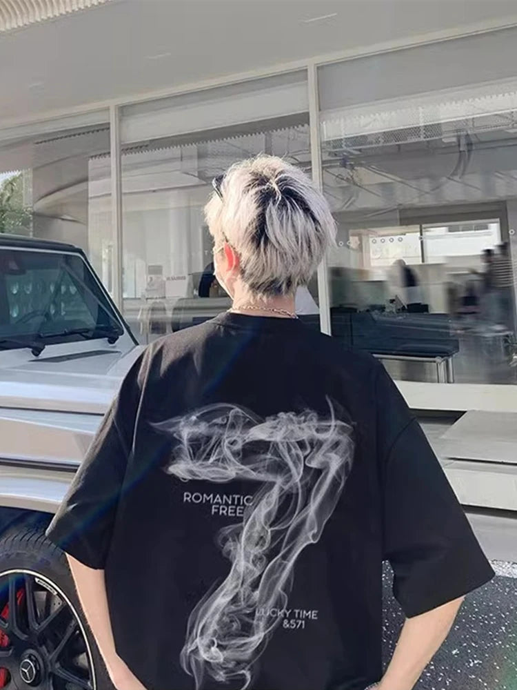 2025 Summer Goth Seven Printed Short Sleeve Tshirt Men's Hip Hop Fashion Cotton Oversized T-shirts High Street Y2K Tee Tops