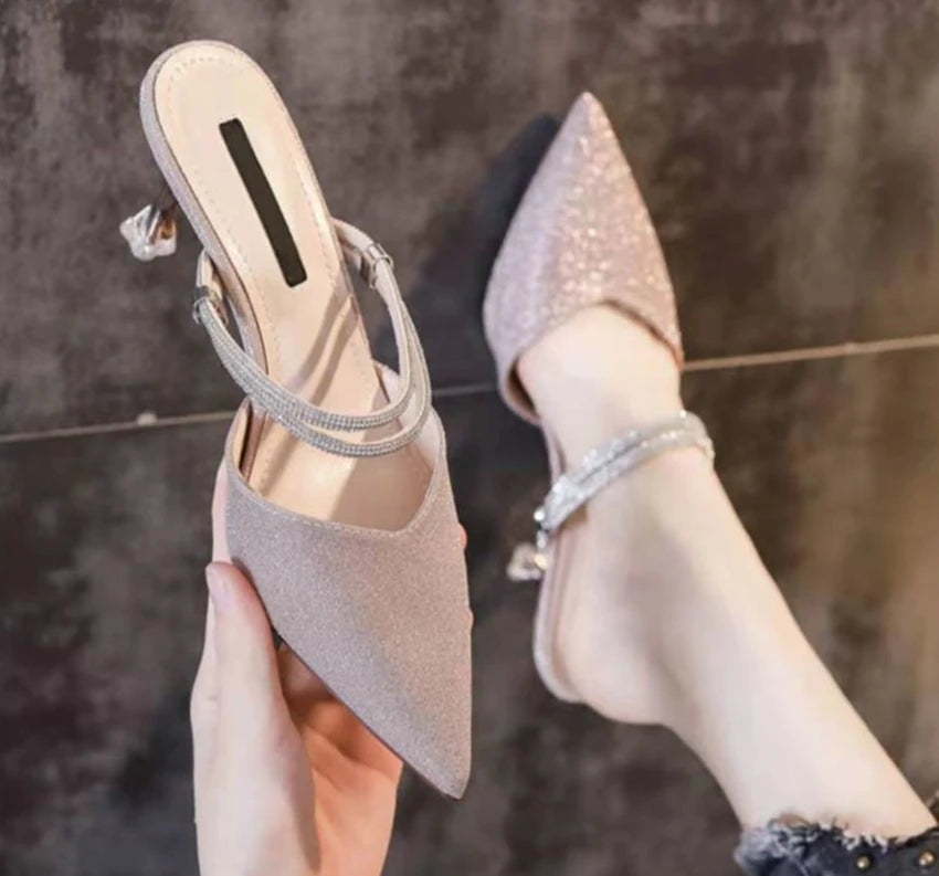 Pointed Toe Sandals for Women Thin Heels Half Pink Woman Shoes High Quality Vip Shoe Cheap Liquidation New Breathable Fashion