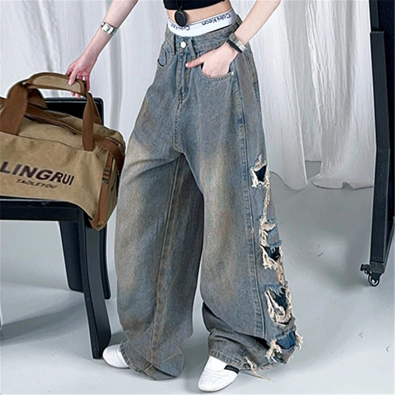 Kids Child American Vintage Washed and Distressed Jeans with Side Hole For Girl High Street Fashion  Wide Leg Broken Denim Pants