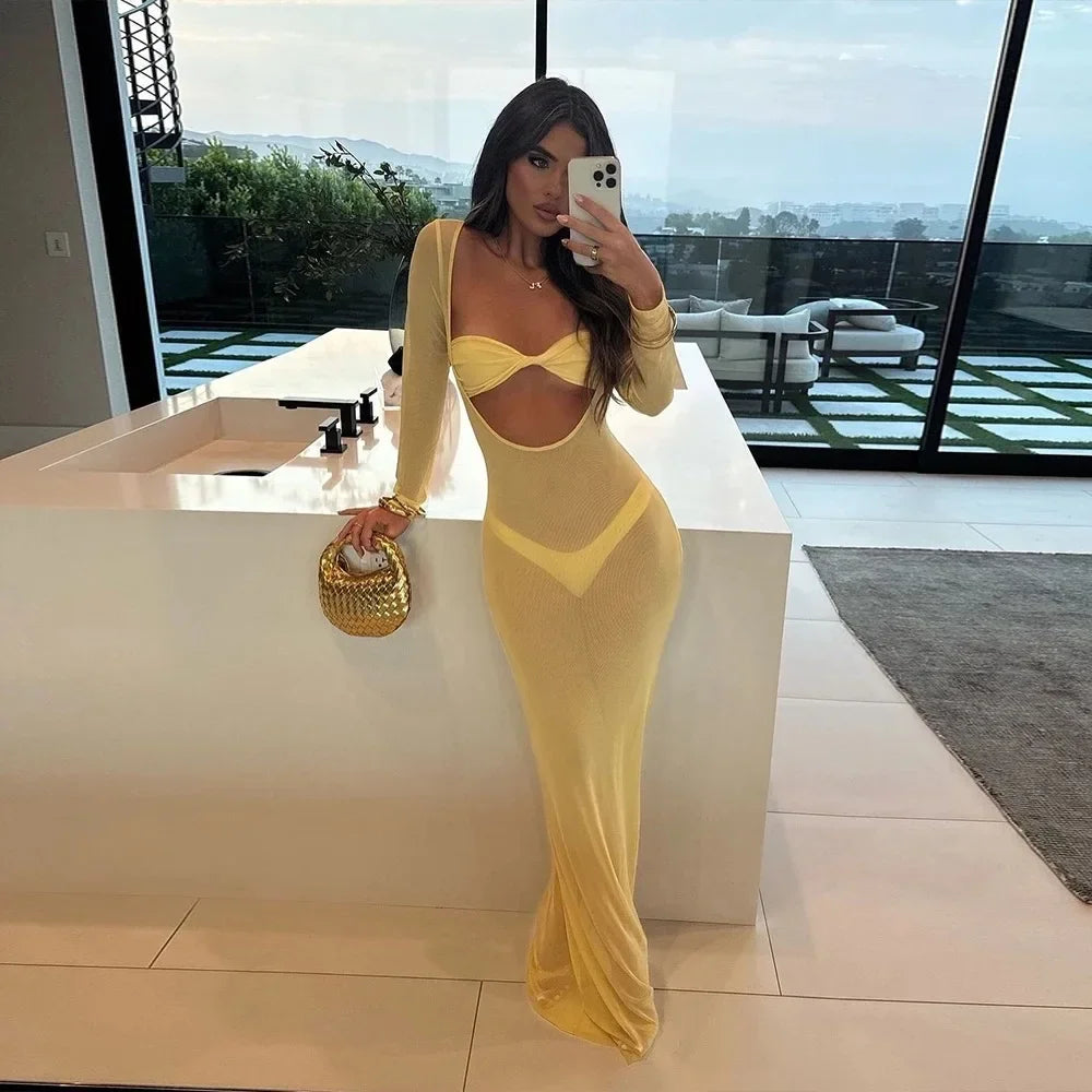 Bikini Three-Piece Set 2025 Sexy Net Pure Color Separate Style Women's Long Skirt Long Sleeve Swimsuit Elegant And Fashionable