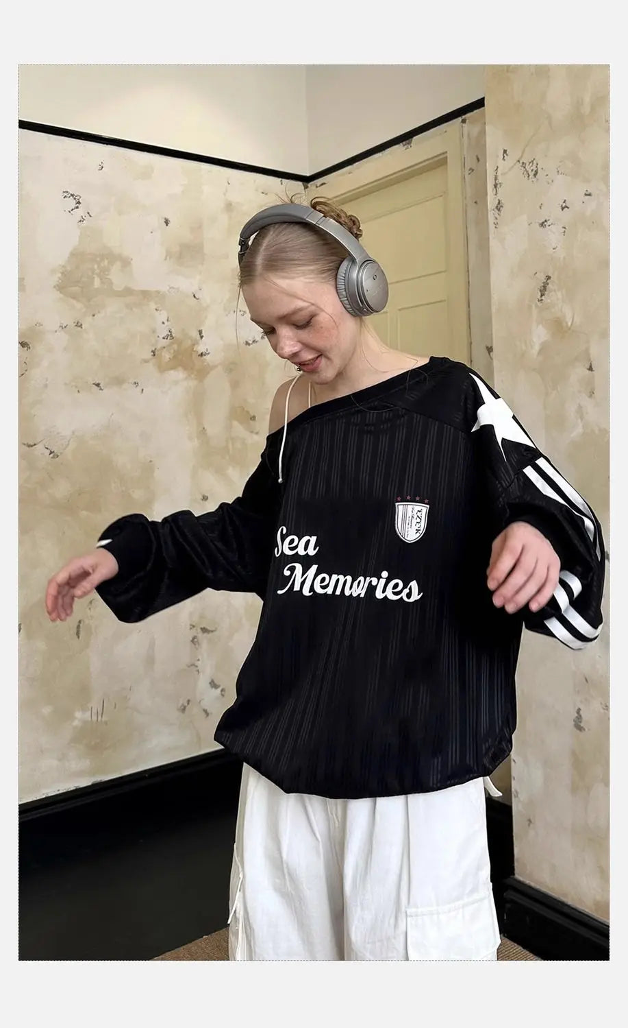 HOUZHOU Y2k Vintage Women Sweatshirts Sloping Shoulder Letter Printed Long Sleeve American Retro Hoodies Loose Gyaru Streetwear