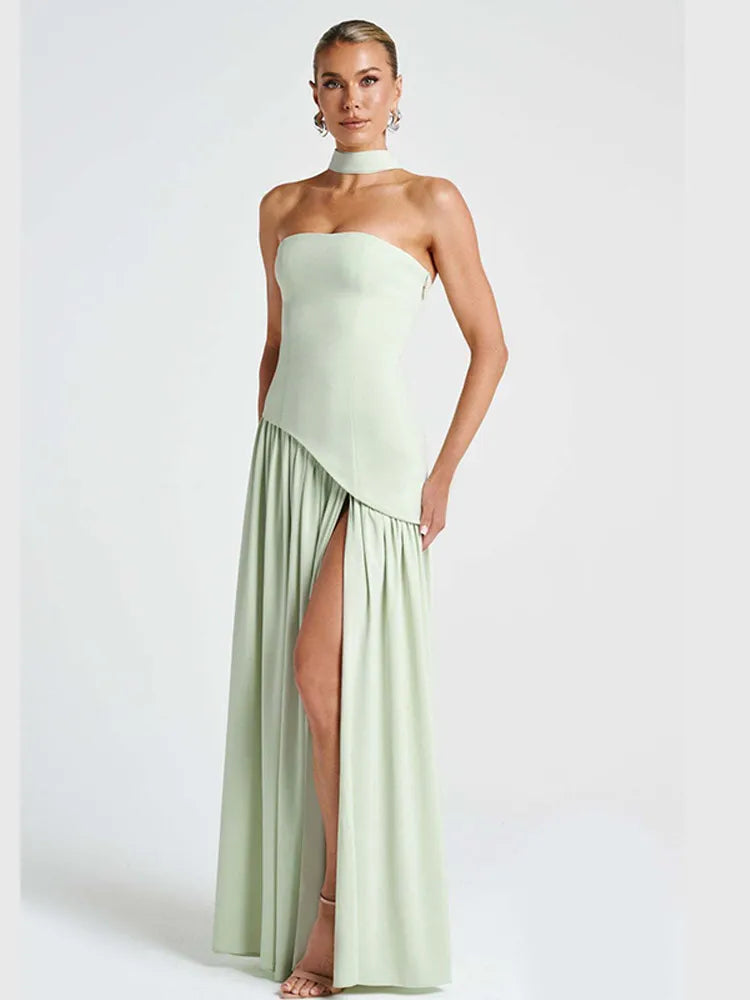 Butter Yellow Scarf Neck Split Long Dress Women Elegant Strapless Slim Fit High Waist Vestidos 2025 Lady Evening Party Gowns New