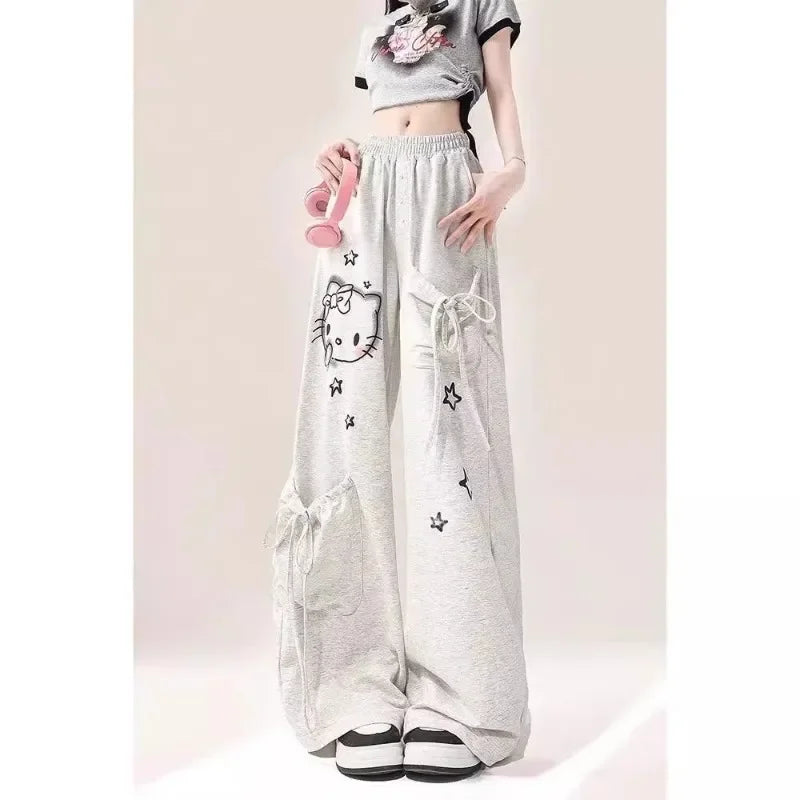Big Pockets Hello Kitty Y2k Baggy Pants Kawaii sanrio Graffiti Wide Leg Trousers Oversize Sports Streetwear Sweatpants For Women
