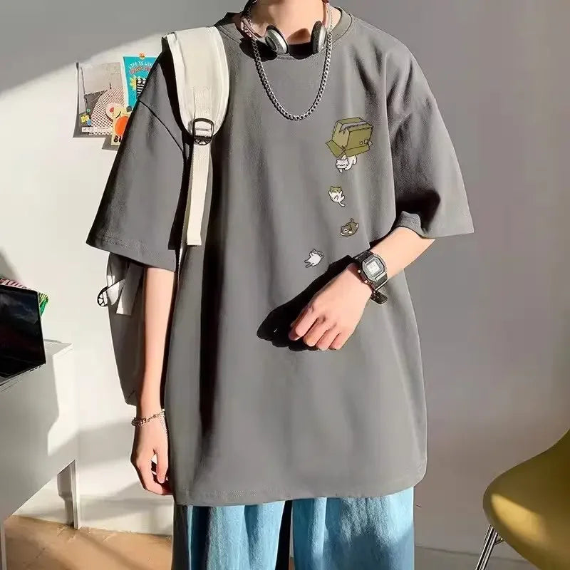 2023 Summer Men's Short Sleeve T-shirt American Style Vintage Loose Fit Student Casual Five Half Sleeve Body T-shirt