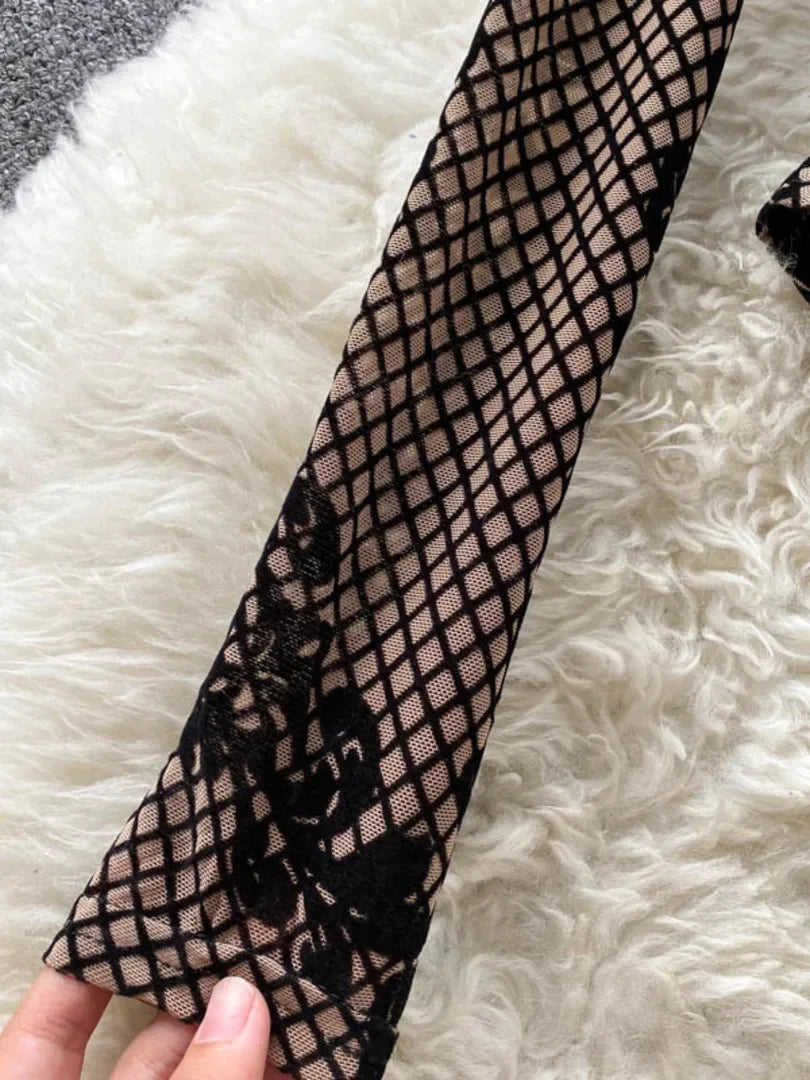 Autumn New Floral Print Bodysuit for Women Fashion Streetwear Elegant Stand Collar Long Sleeve Tight Fit Mesh Body Top Chic 2024