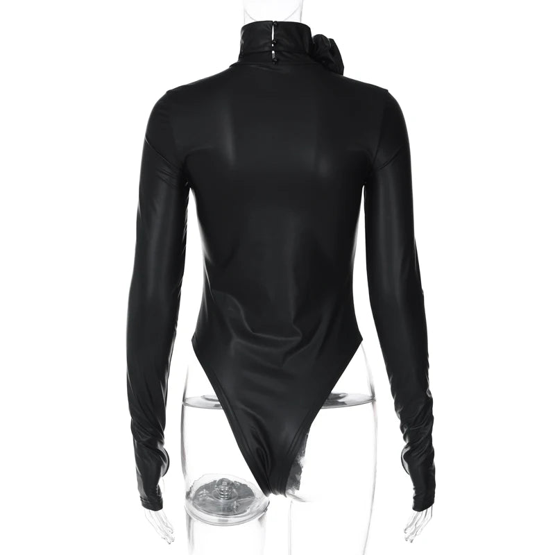 Hugcitar Fashion Pu Leather Black Turtleneck Tie Flower Long Sleeve Buttons Sexy Bodycon Bodysuit Women Party Overalls Romper