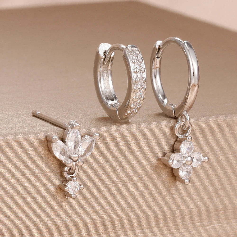 3PCS Fashion Orange Blue Zircon Hanging Earrings Set for Women Stainless Steel Flower Dangle Earring Piercing Jewelry