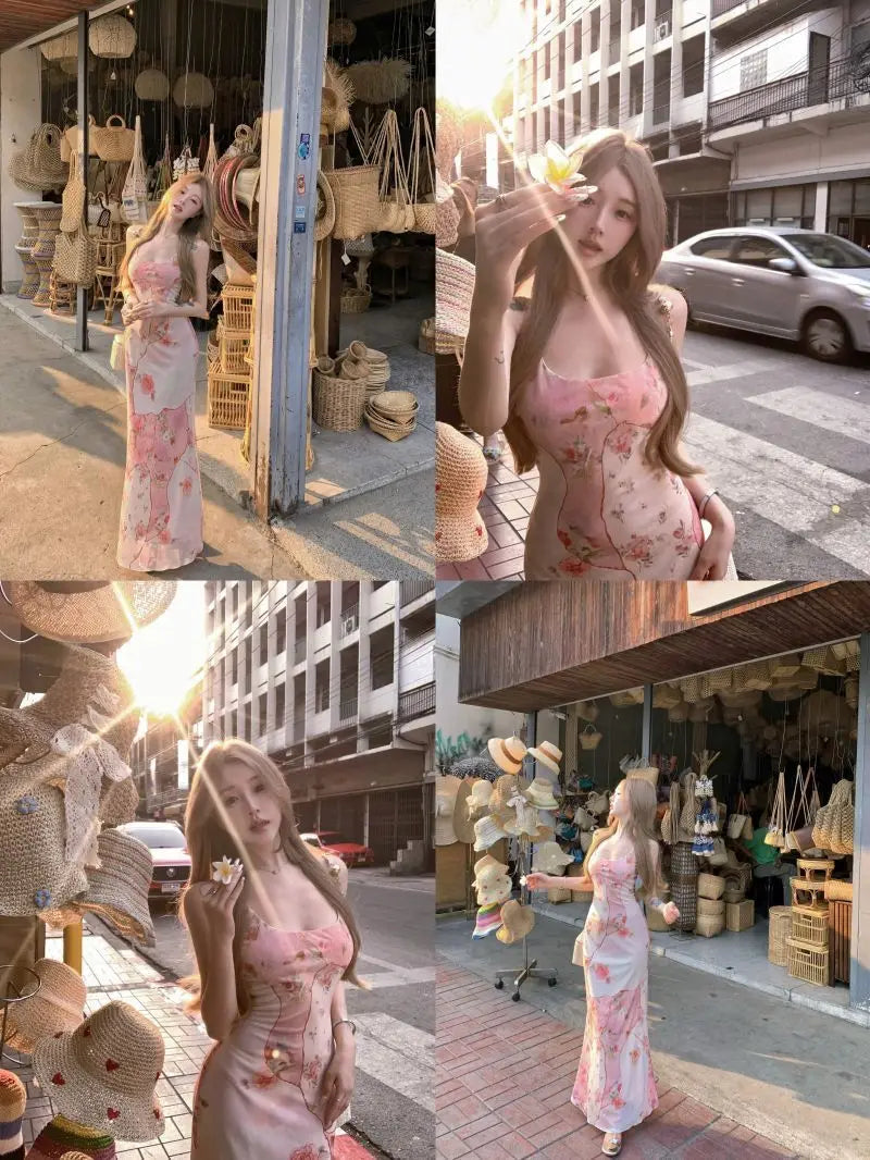 Summer Floral  Boho Dress Women Sleeveless Slim Fit Party Midi Dress  Mesh Patchwork Long Bodycon Elegant Beach Holiday Dress