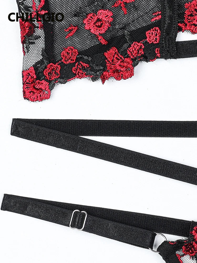 CHILLGIO Women Lingeries Sexy Hot Embroidery Bra Set Chic and Elegant Women's Ethical Underwear Bodycon Bras Panty Stockings Set