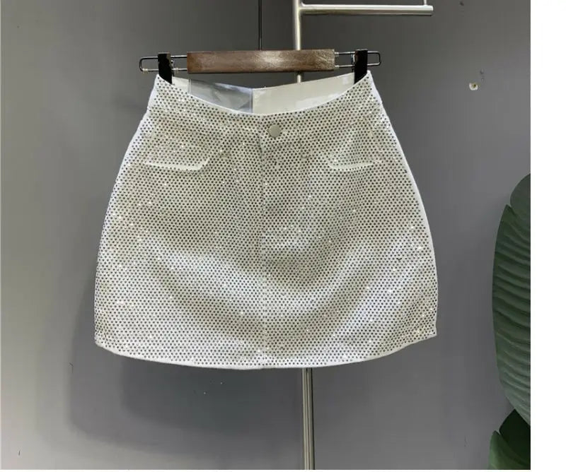 Heavy Industry Hot Drilling High-End Denim Skirt 2024 Spring And Summer New High Waist Pink Sexy A-Word Skirt