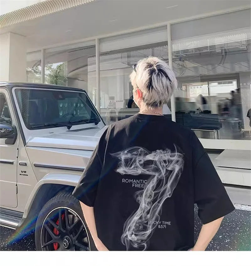 2025 Summer Goth Seven Printed Short Sleeve Tshirt Men's Hip Hop Fashion Cotton Oversized T-shirts High Street Y2K Tee Tops