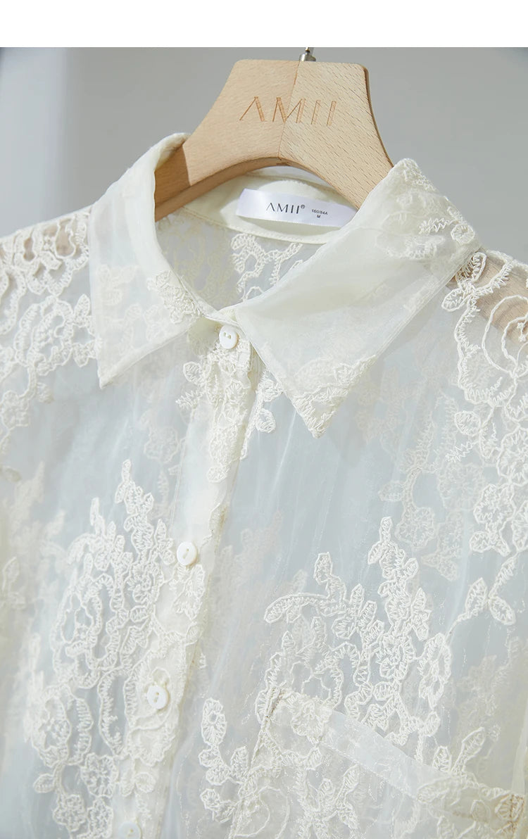 AMII Minimalist Office Lady Print Shirts Women Summer 2025 Short Sleeve Turn-down Collar Loose Blouses Female Fashion 12542155