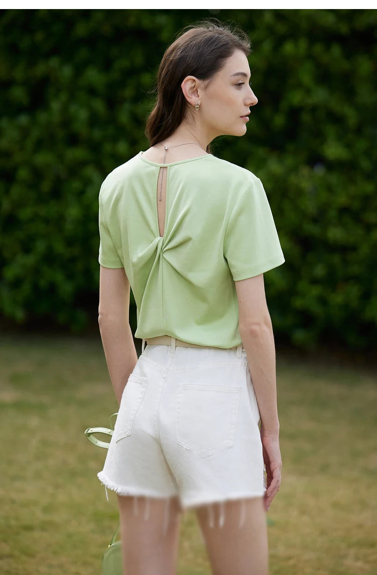 AMII Minimalism 100% Cotton Hollow Out Solid Short Sleeves Tees 2025 Spring New V Neck Top Women Casual Female T Shirt 12342289