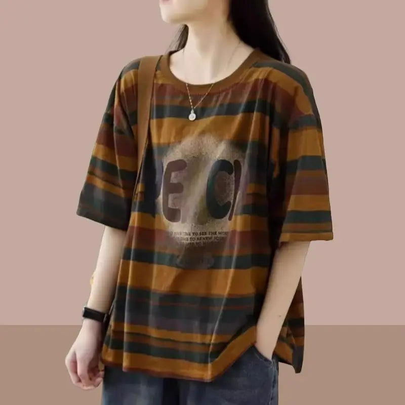 New Striped Print Letter Vintage Tops Summer Short Sleeve Loose Plus Size Street Casual T Shirts Fashion Harajuku Women Clothing