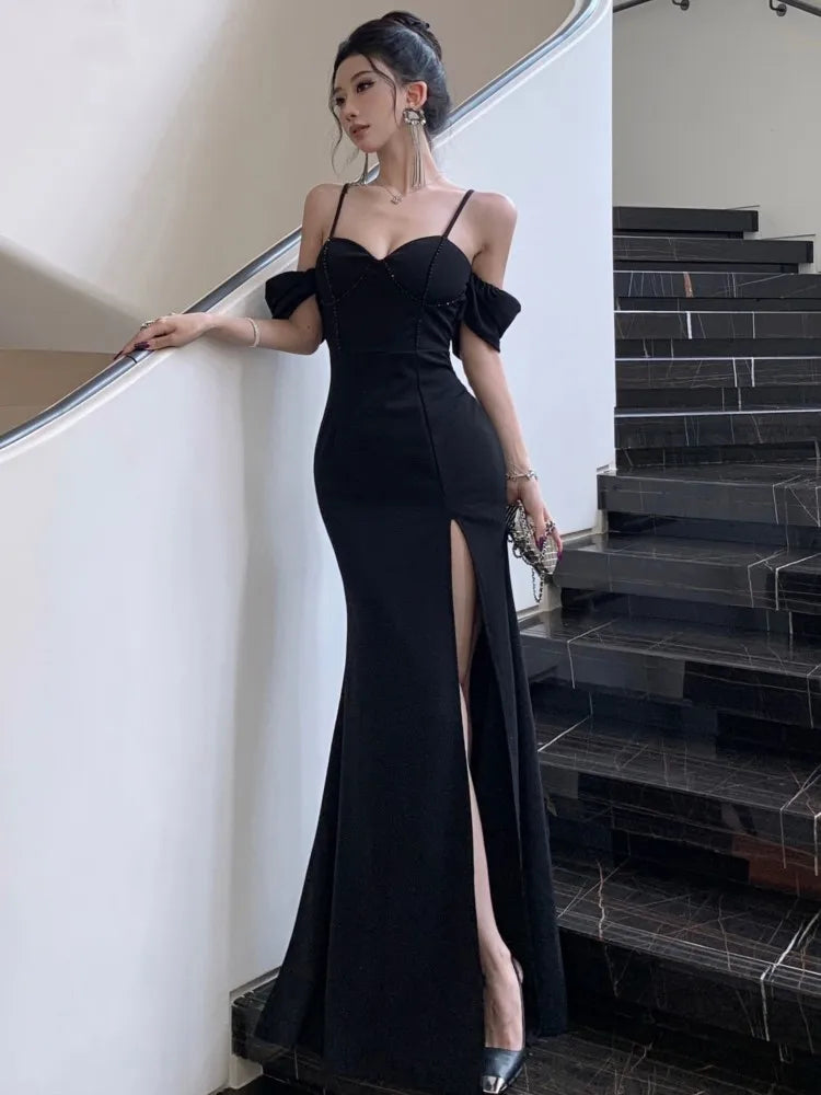 Sexy Spaghetti Straps Womens Dresses Off Shoulder Slash Neck Elegant Gowns Luxurious Evening Party Long Dress Split Vestidos New