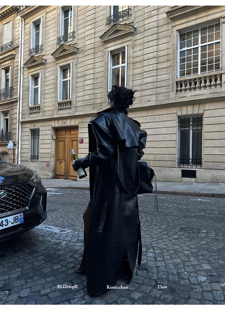 Lautaro Spring Autumn Extra Long Black Pu Leather Trench Coat for Women with Back High Slit Luxury Chic European Fashion 2024