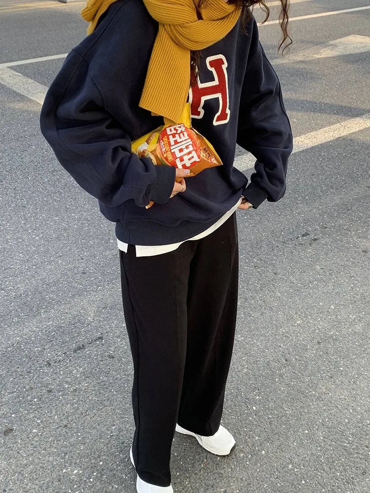 Ariti Spring Autumn American Retro round Ne Sweatirt Women's Oversize Lazy Top Long Sve Street Sle Comfortable Fit