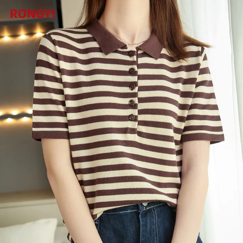 RONGYI 100% Cotton Women's Spring And Summer New Polo Neck Knitted Pullover With Stripes And Thin Short Sleeve T-Shirt Loose Top