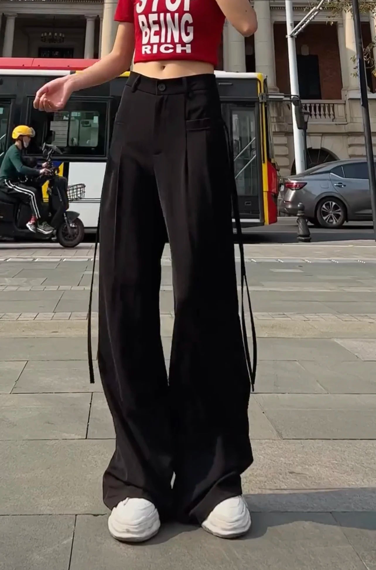 Jielur Lace-up High Waist Straight Women Suit Pants Summer Slim Loose Full Length Female Wide Leg Pants Casual Chic Office Lady