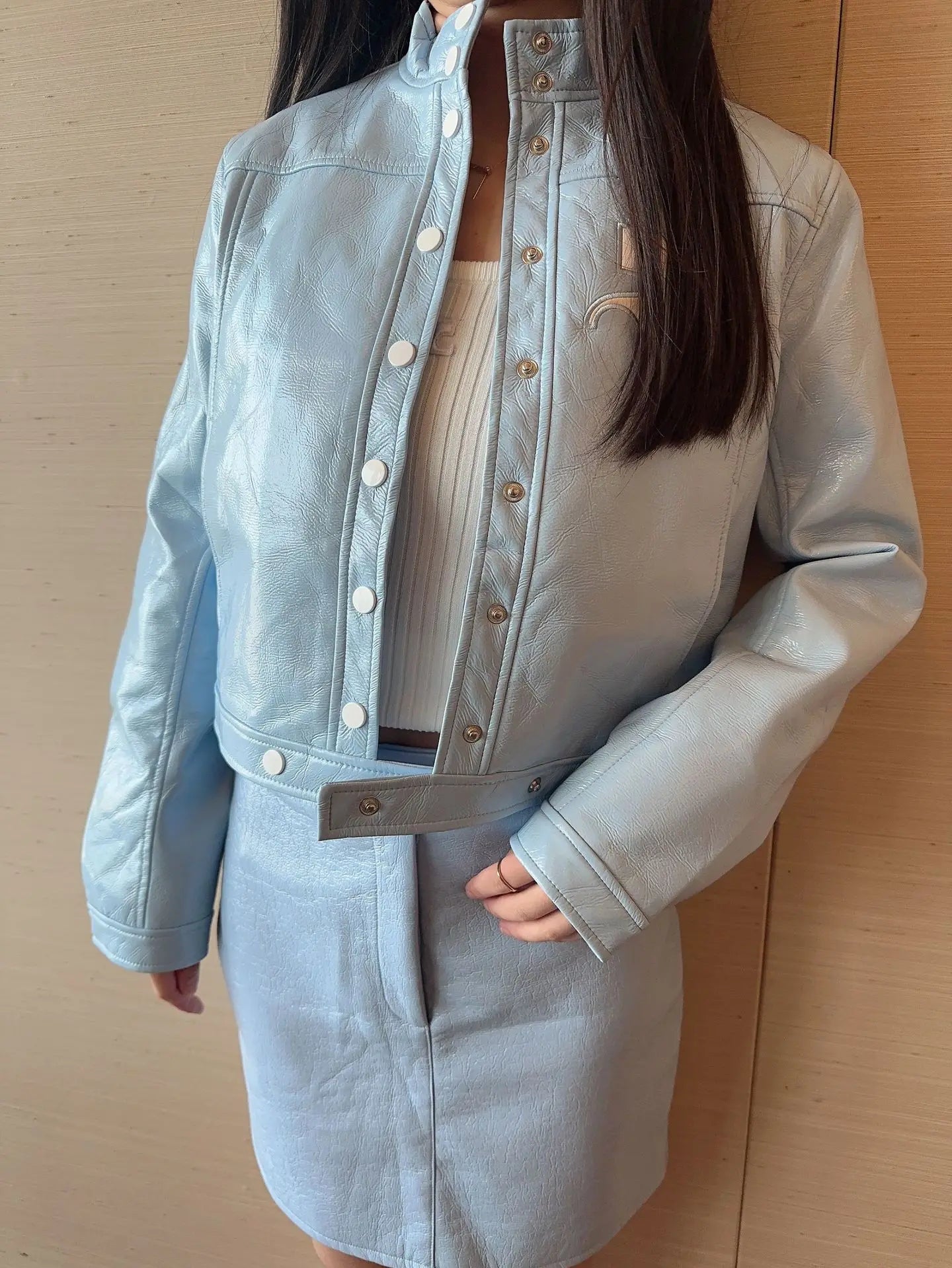 ort PU Jaet High Collar Bright Surface Color Blo Classic Bestseller Street Sle Long Sve Women's Leather Coat