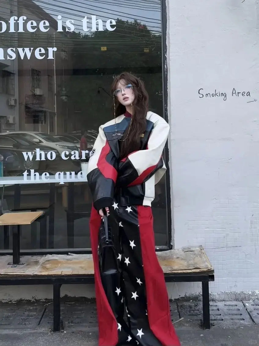 2025 Fall Winter Y2K Sweet Grunge Star Print PU Leather Patchwork Jeans Women Oversized Baggy Streetwear Wide Leg Pants