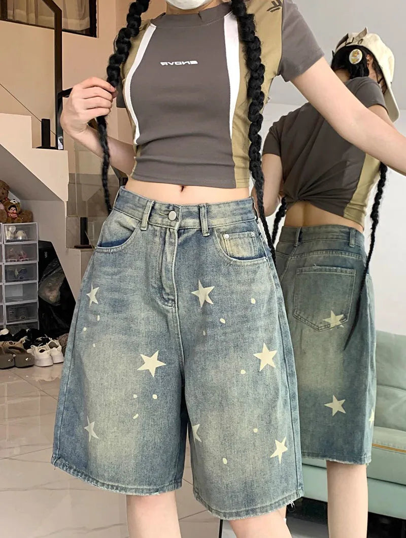 American Style Vintage Women's Short Jeans High Waisted Washed Wide Leg Denim Pants Woman Fashion Do Old Star Knee Length Shorts