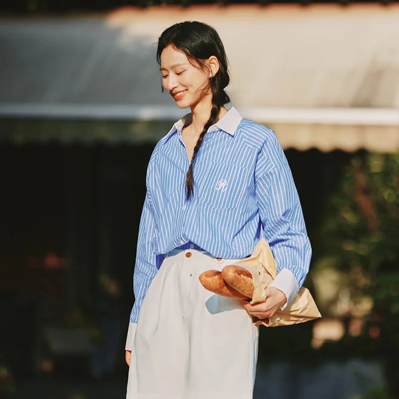 Semir Long Sleeve Shirt Women Mid-long Style Striped Pure Cotton 2025 New Spring Embroidery Oversize Blouse for Commuting