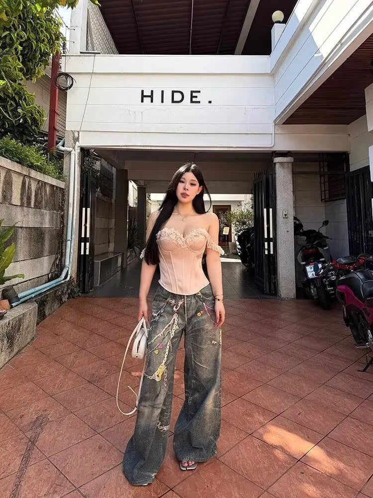 American candy chain pants hot girl digital printed jeans summer new fashionable straight floor trousers Korean style