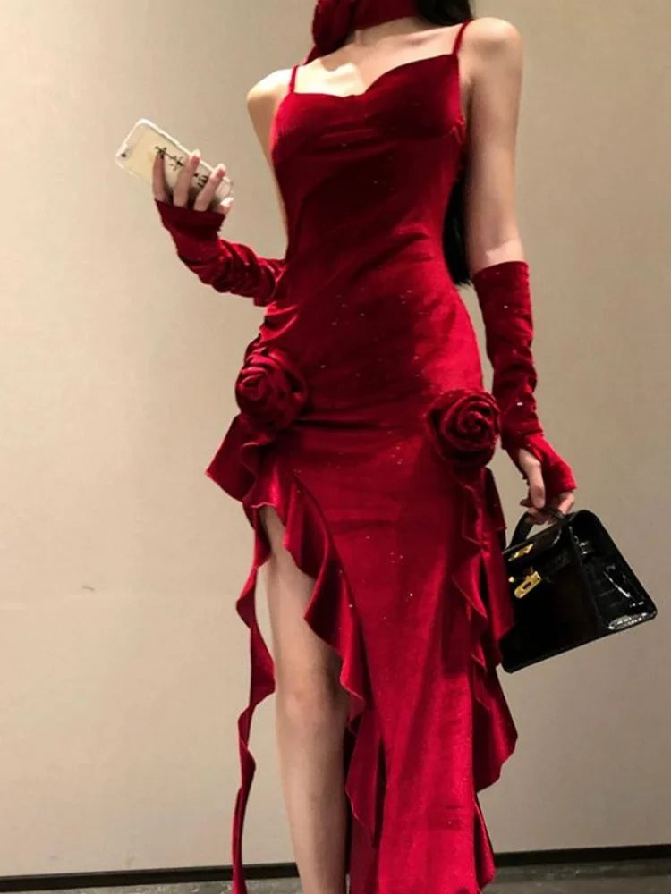 Women Elegant Irregular Ruffles Velvet Red Spaghetti Strap Dresses Sexy Bodycon Side Slit Evening Party Dress Female  Vestidos