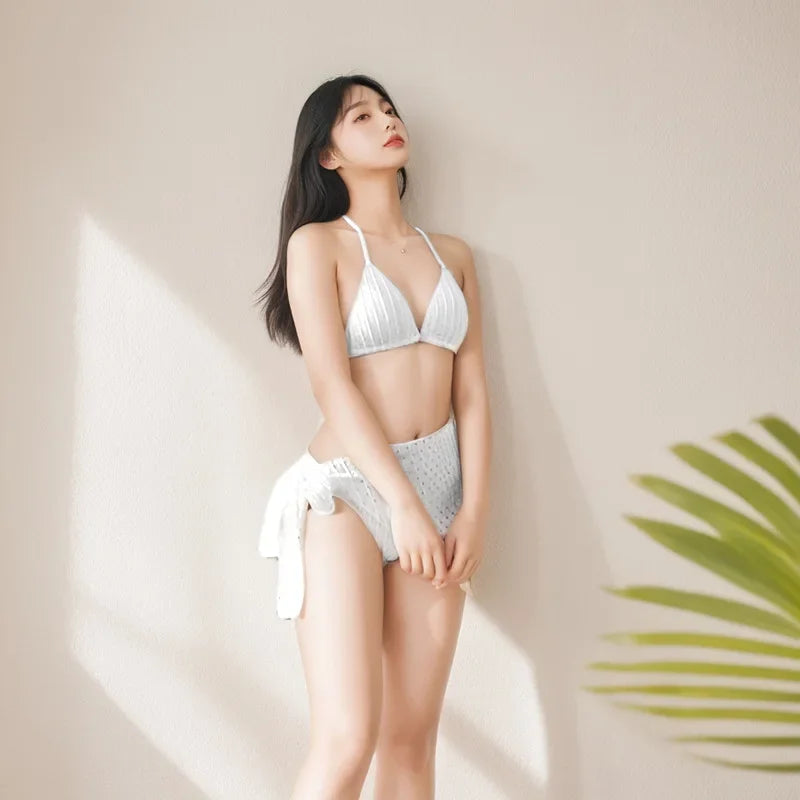 Sexy Bikini Swimsuit Women's New 2025 Three-piece Set Neck Hanging Net Skirt Hot Spring Vacation Swimwear Fashionable Chinese Br