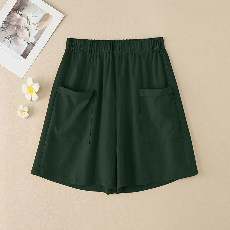 ZANZEA Vintage Summer Shorts Women Fashion High Elastic Waist Pantalons Pockets Solid Color Wide Leg Pants Casual Loose Shorts