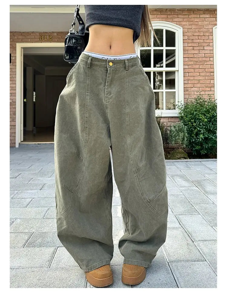HOUZHOU Y2K Vintage Wash Women Cargo Jeans Harajuku Scimitar Wide Leg American Retro Denim Pants Baggy Trousers Gyaru Streetwear
