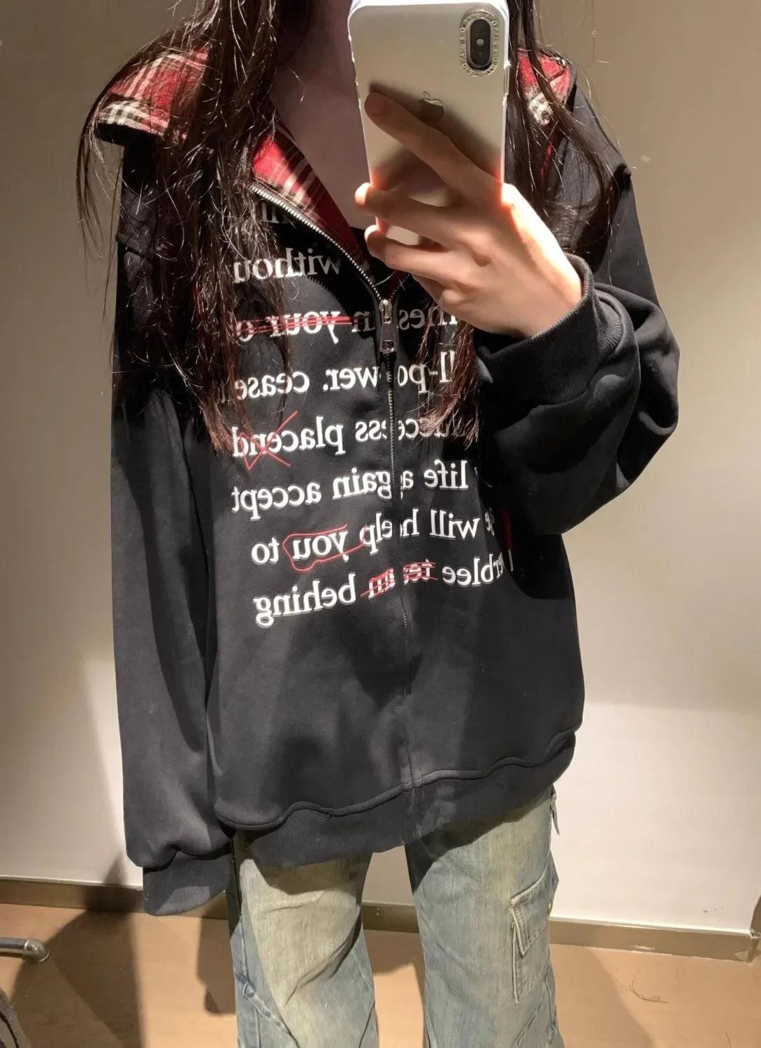 Hua Cotton Blend Milk Silk Hoodie Zipper Couple Jacket Retro Letter Patchwork Hat Sweatshirt 280g Vintage Style Women's Clothing