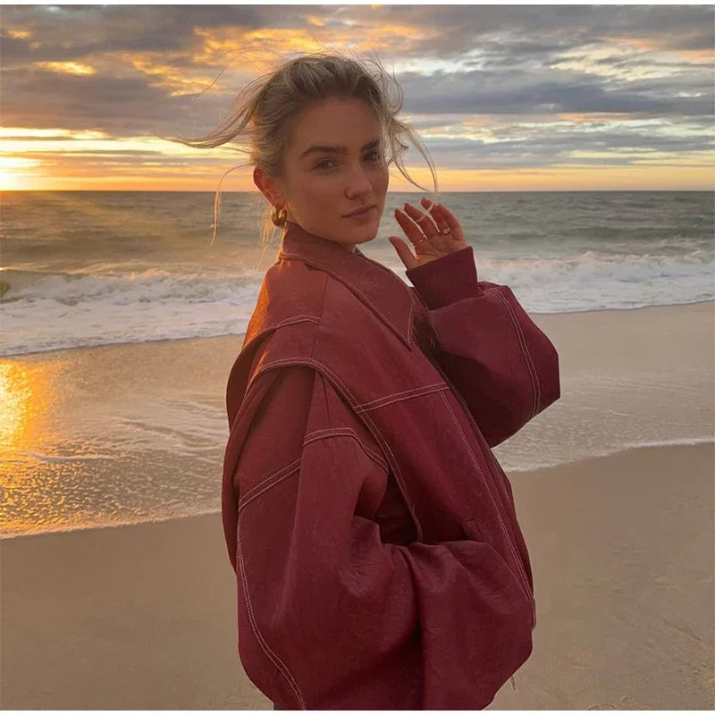 Women's Artificial Leather Short Jacket Retro Red Linen Coat Spliced Zipper Jacket Autumn Women's Lapel Pocket Street Sportswear