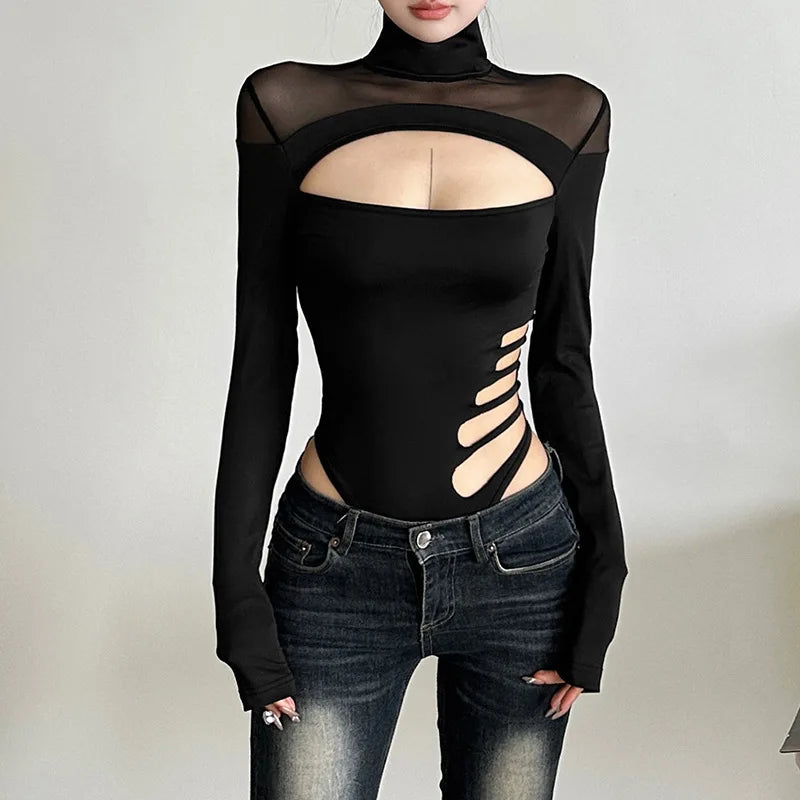 Goth Dark Hollouw Out Long Sleeve Skinny Bodysuit Women Y2K Grunge Mesh Patchwork Playsuits Mall Goth Fashion Street Bodysuits