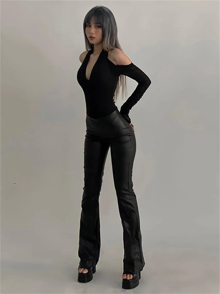 Vintage Off Shoulder Hollow-out Slim Bodycon Jumpsuit Sexy V-neck Y2K Halter Long Sleeve Body Tops Club Outwear Bodysuits Women