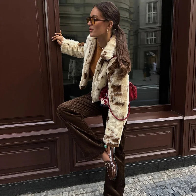 Faux Fur Contrast Women Coat 2025 Lapel Zipper Long Sleeve Female Coats Vintage Autumn Winter Pocket Thicken Warm Lady Outwear