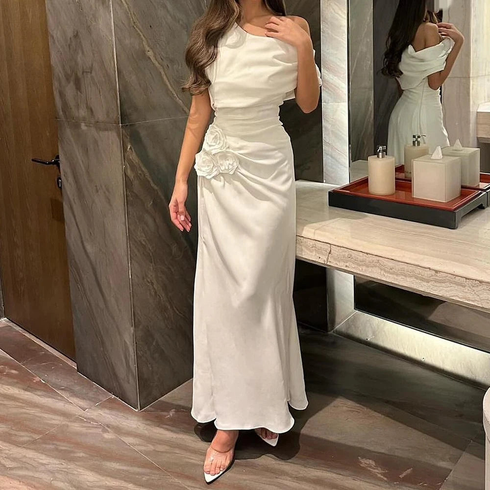 Customized Elegant Straight Ankle Length Strapless Jersey Sleeveless Flowers Pleats Evening Dress Classic vestidos para mujer