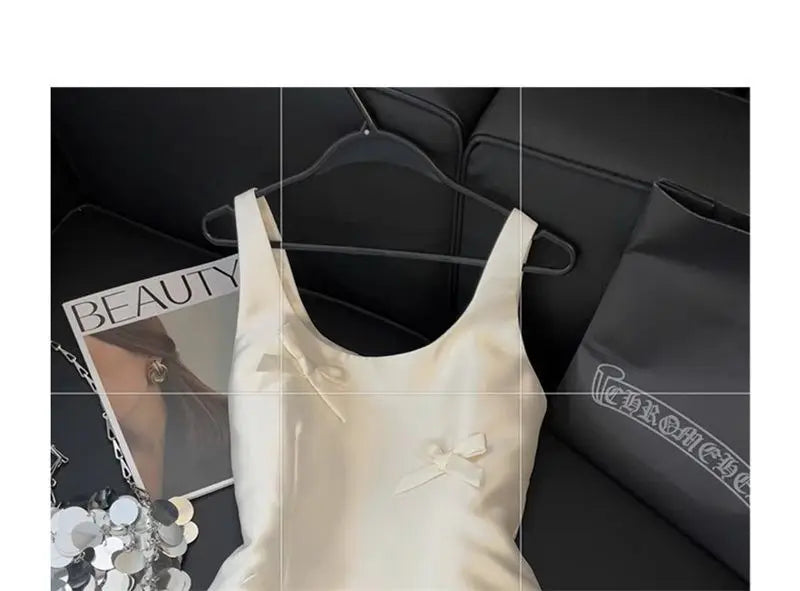 Women Elegant Mini Dress Satin Bow Decor Sleeveless Square Neck Slim Fit Suit French Style Party Club Night Summer Outfit