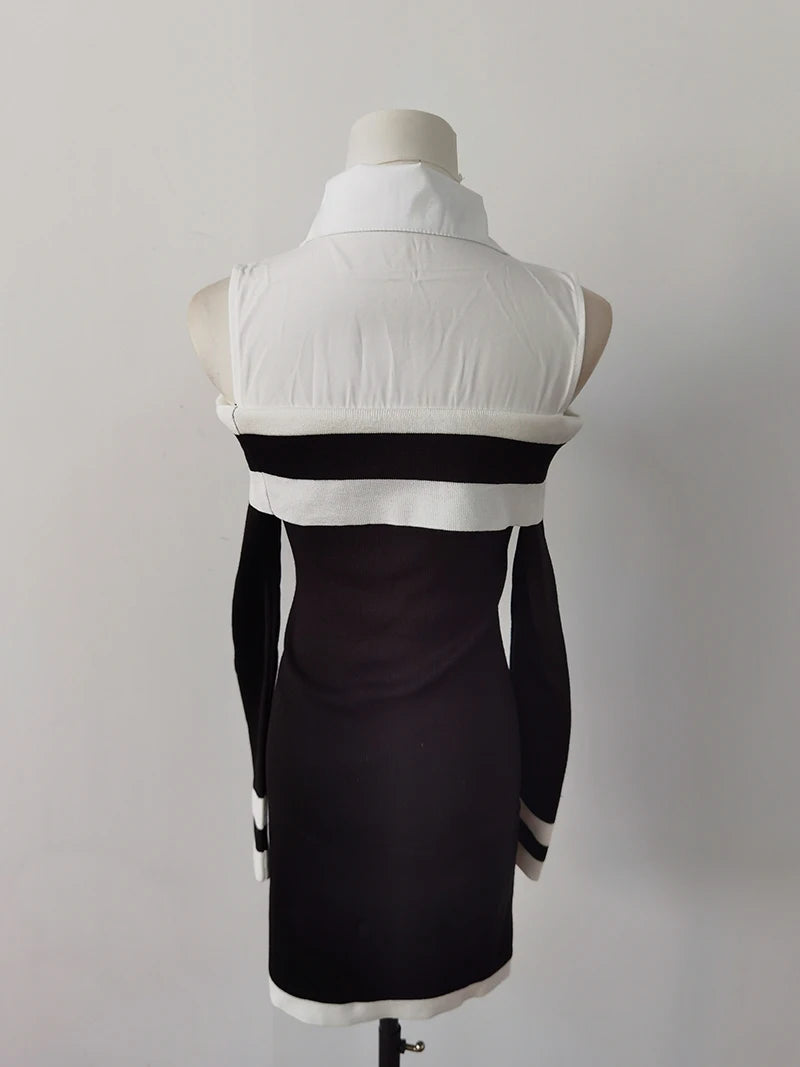 Hot Girl Off Shoulder Long-sleeved Knitted Dress Women's Autumn Fake Two-piece Shirts Spliced Sexy Wrapped Hip Short Dress