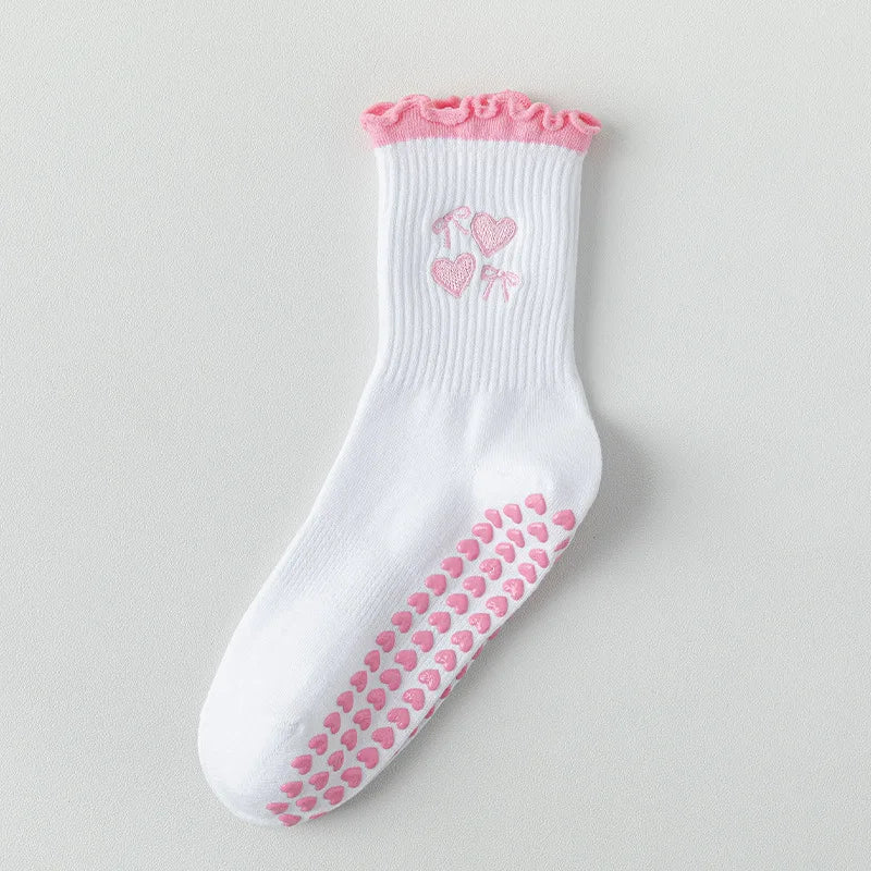 Yoga Socks Women Cotton Cherry Embroidered Lettuce-Edge Dot Silicone Non-slip Grip Pilates Crew Socks