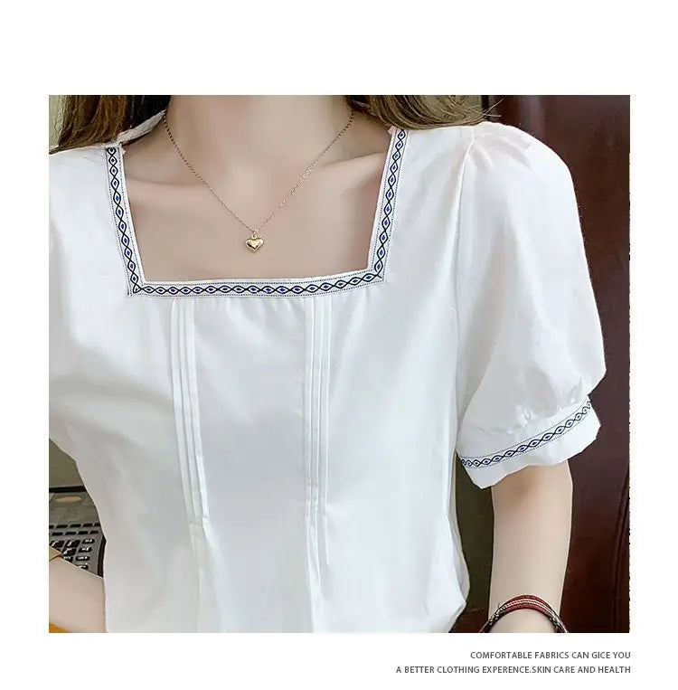 Women Clothing Summer Korean Fashion Embroidered Solid Color Square Collar Puff Sleeve Femme All-match Pleated Short Sleeve Tops