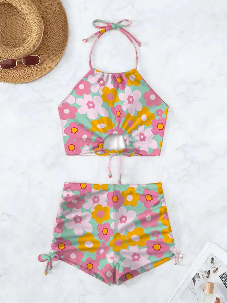 AOTVOTEE Sexy Leopard Bikini Shorts 2 Piece Set Women Laced Up Split Swimsuit Beach Bikini 2025 New Summer Swimwear Bikinis Set