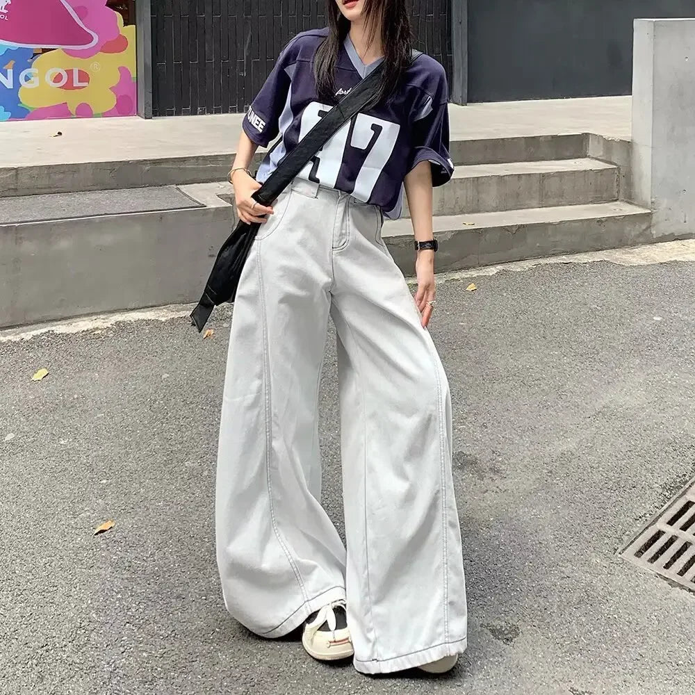 Men's Summer High Waist Straight Leg Jeans Slimming Loose Wide Leg Pants Retro Knife Edge Design Casual Fashion