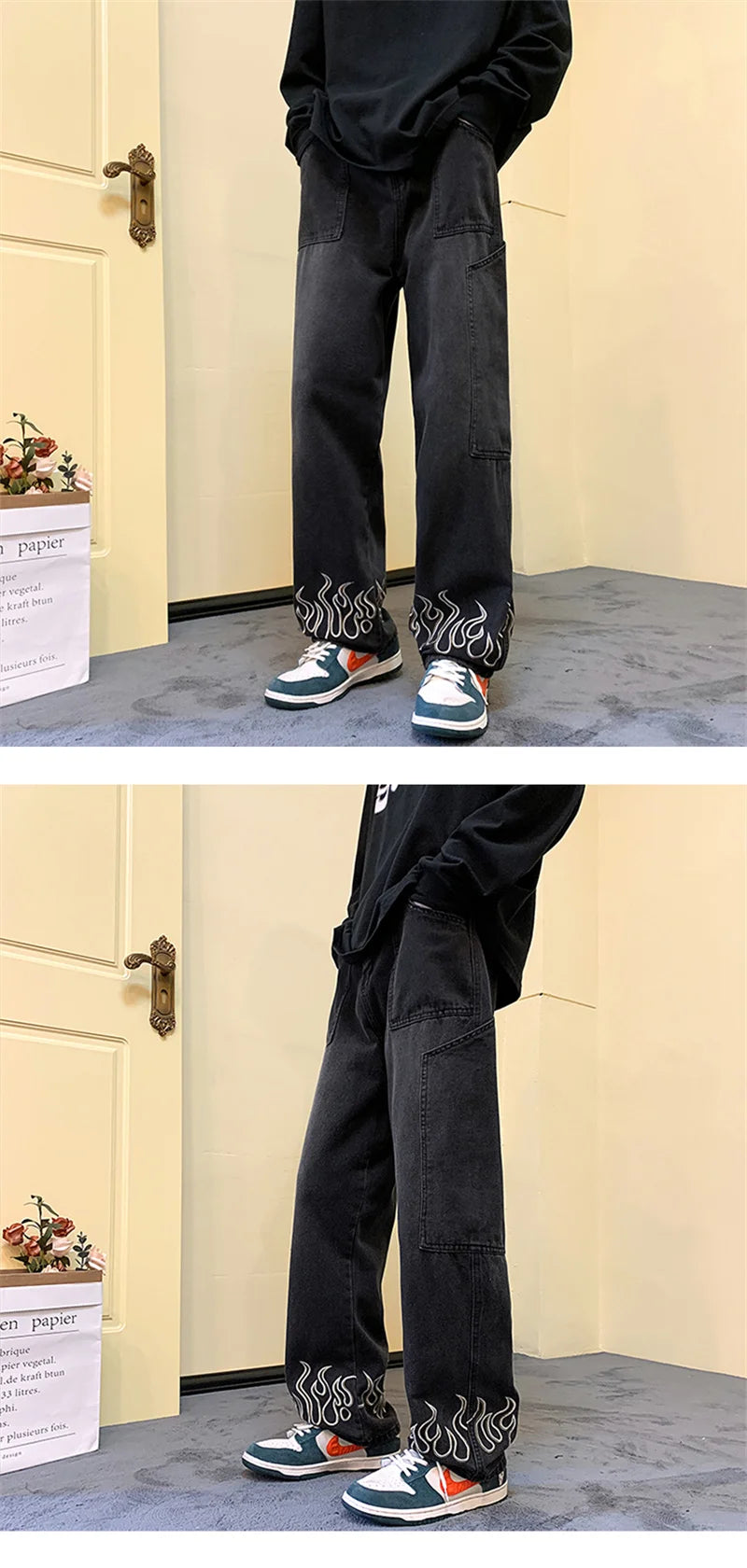 Y2K Vintage Flame Printed Jeans For Men Baggy Streetwear Wide Leg Denim Trousers 2024 New Hip Hop Fashion Straight Pantalones