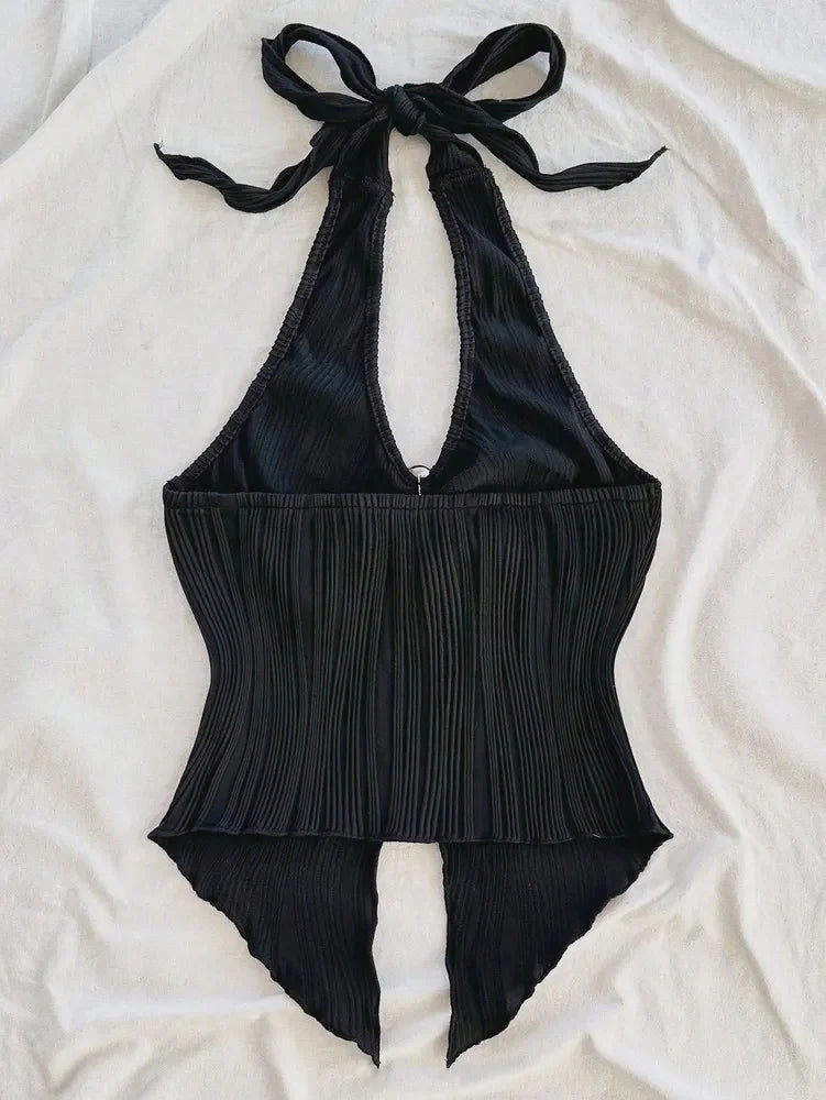 Sexy V-neck Halter Neck Crop Top for Women Summer Sleeveless Solid Split Backless Top Y2K Clothes