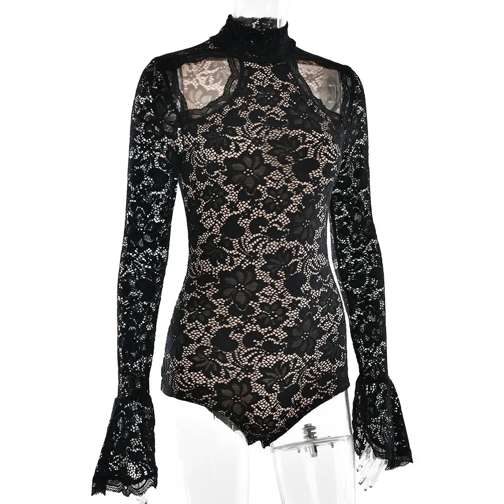 Women's Hollow Out Flare Sleeve Lace Bodysuit 2025 Female Elegant One Piece Black Tights Tops Evening Party Jumpsuit Clubwear
