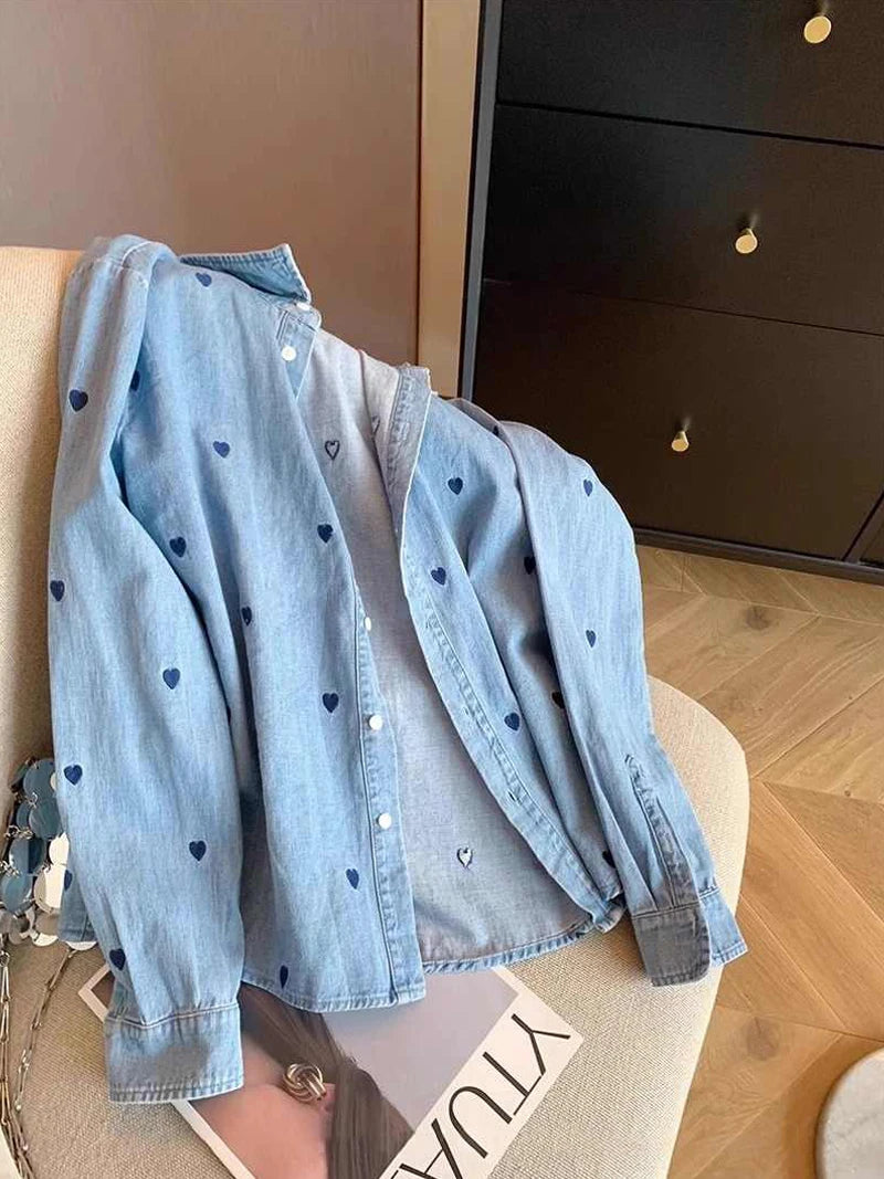 American Retro Blue Soft Denim Shirt Women's Spring Autumn Heart Print Thin Coat Casual Versatile Loose Long Sleeve Top Shirt