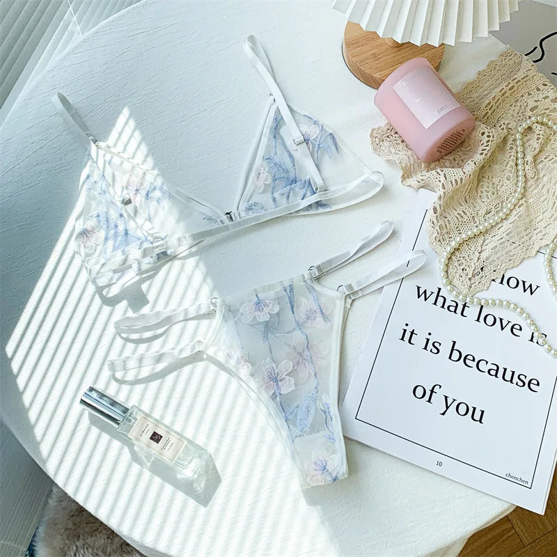 Women's Ultra-thin Cup Bra & Brief Sets Mesh Lace Underwear Set Transparent Beauty Back Hollow Embroidery Lingerie Set