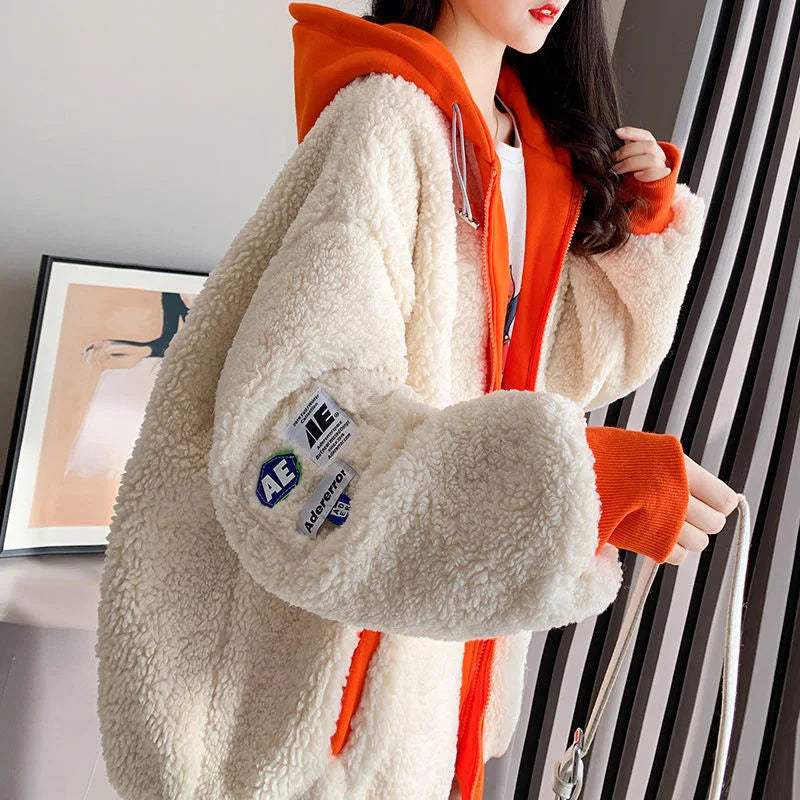 Imitation Lamb Wool Zipper Coat Woman Hoodies Y2k Clothes Sweatshirt Streetwear Korean Fashion Autumn Winter Jacket New Loose